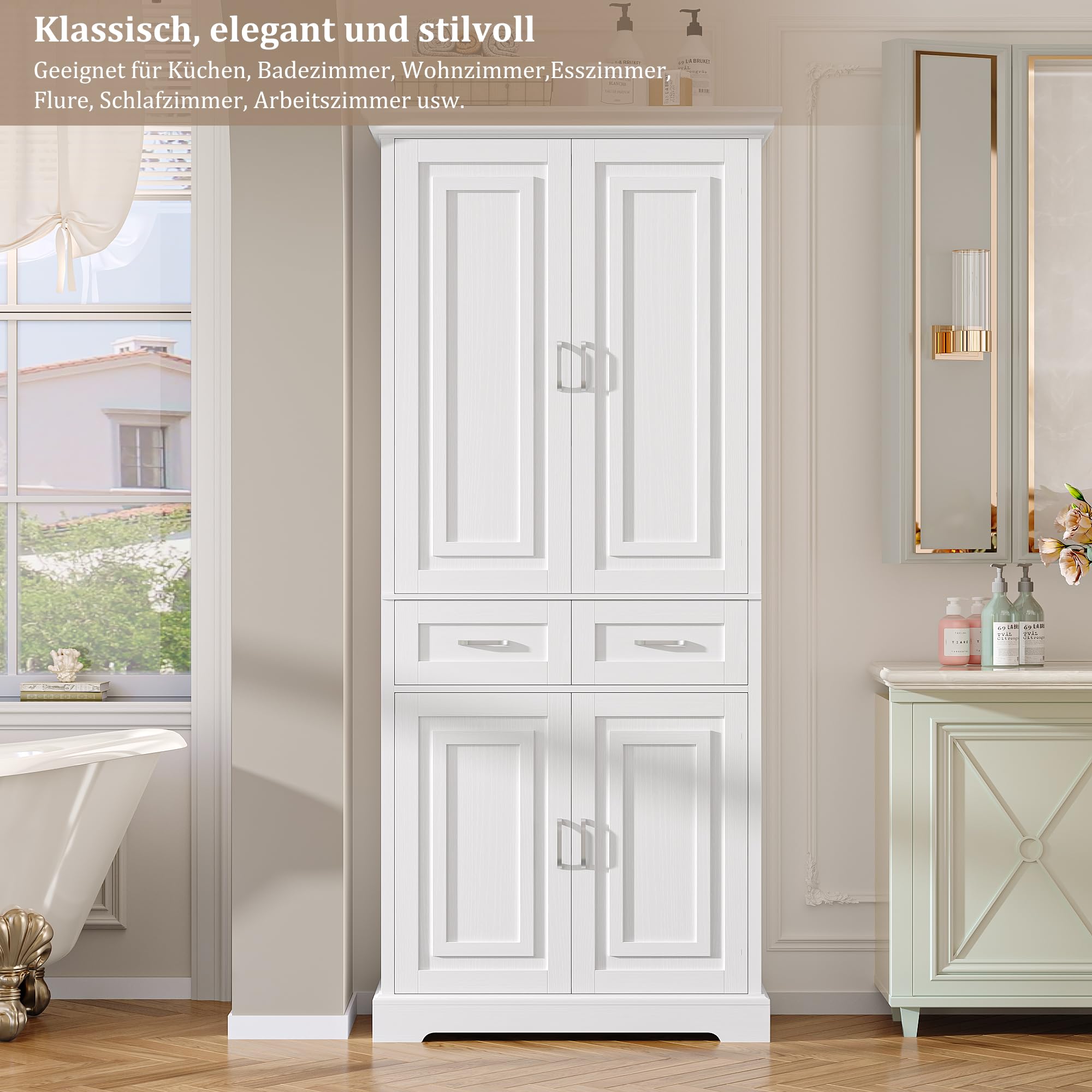 FirFurd 180cm Küchenschrank Hochschrank Mehrzweckschrank Badezimmerschrank Küchenbuffet mit 4 Türen & Schublade, Buffetschrank Küchenschrank hoch für Wohnzimmer Küche Badezimmer 80x40x180,5cm, Weiß