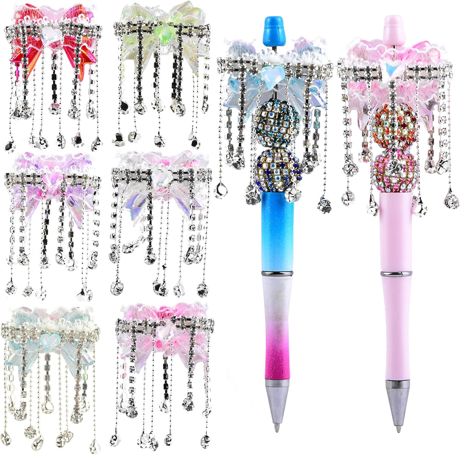 6Pcs White Lace Bow Rhinestone Acrylic Tassel Focal Beads for Pens Colorful 3D Bow Spacer Beads for DIY Craft Beadable Pens Jewelry Bracelet Necklace Earrings Keychain Making - Image 8