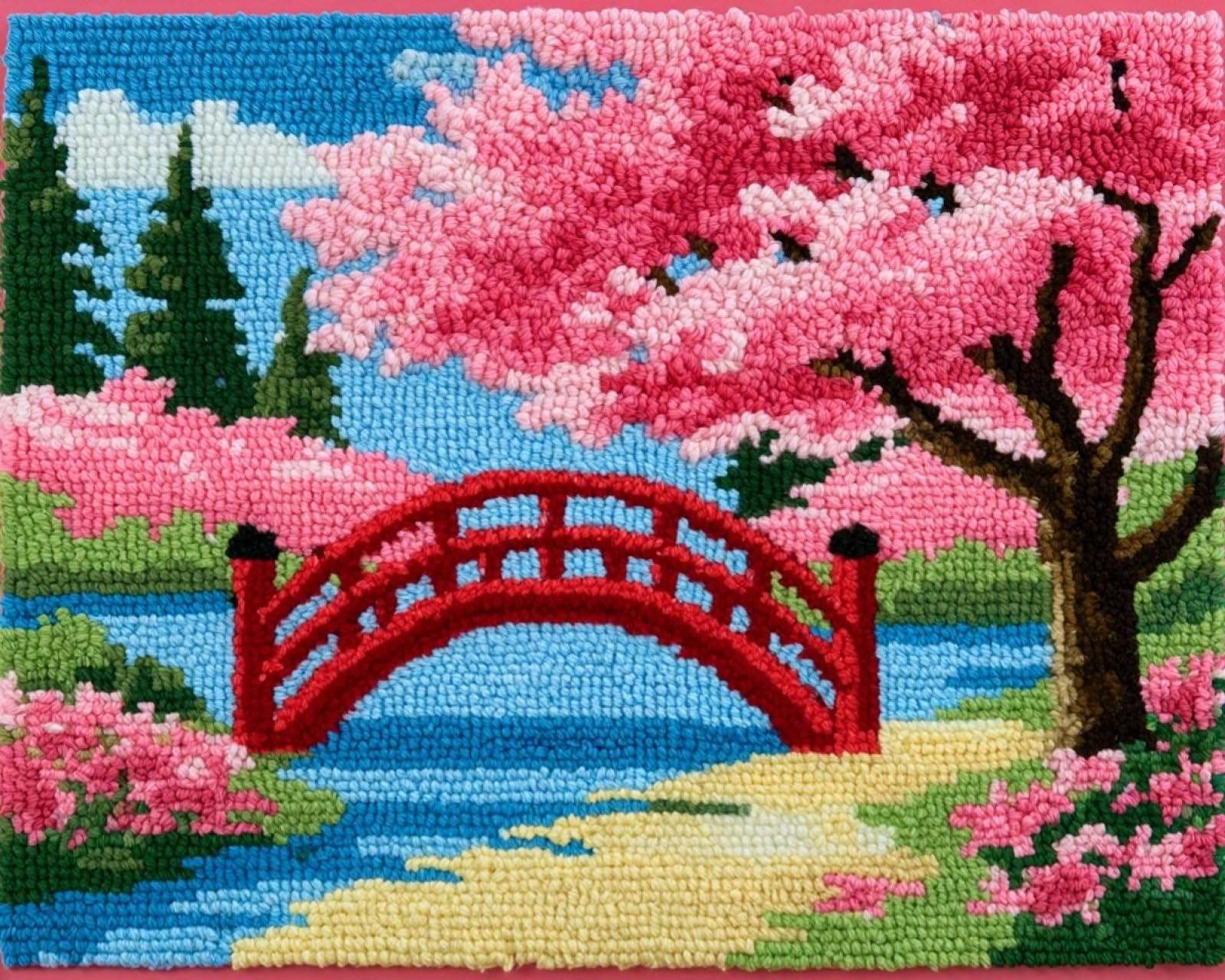 Wallphantom Cherry Blossom Trees On The Arched Bridge Rug Making Kit For Adults Beginners,