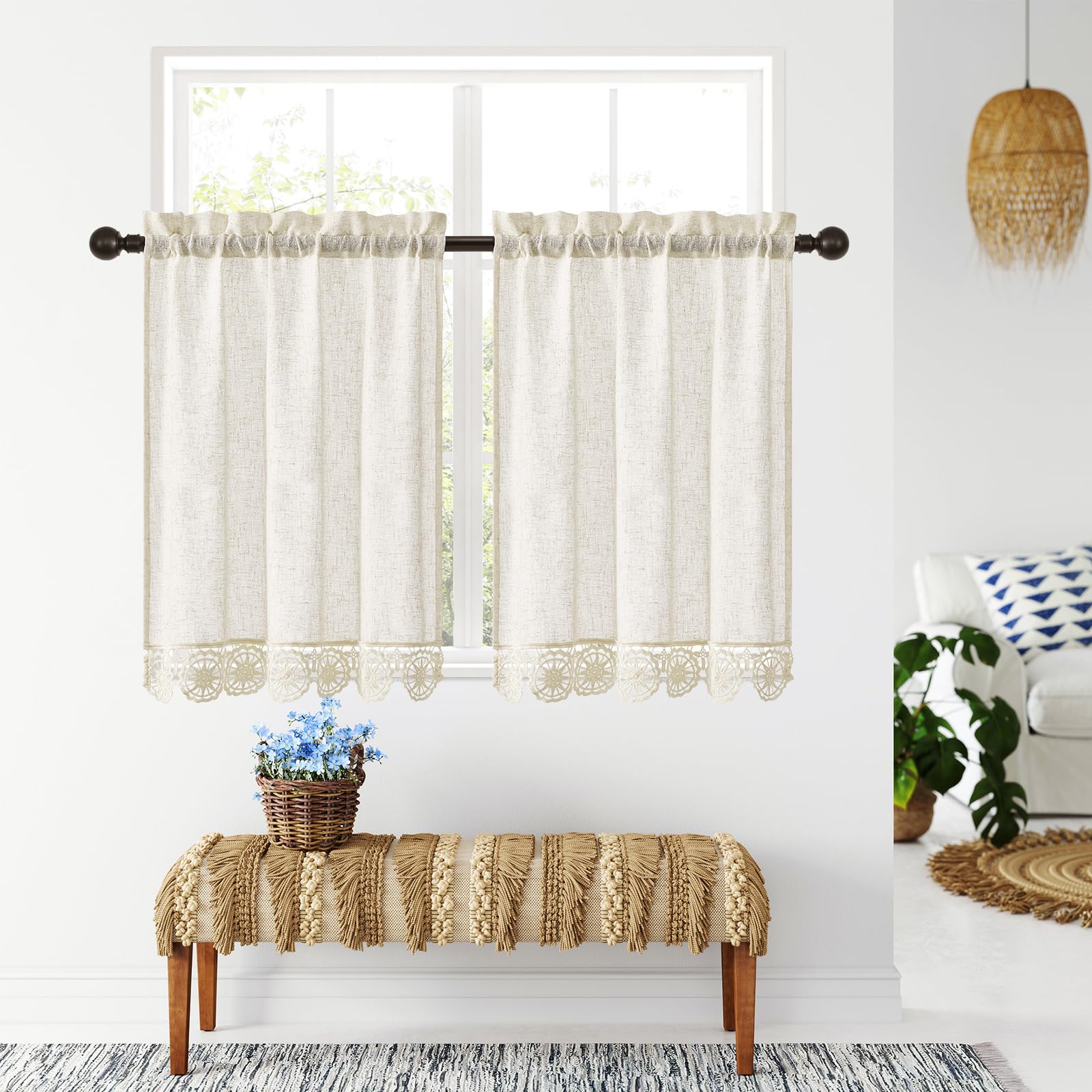 Gibelle Beige Boho Kitchen Curtains 24 Inch Length, 2 Panels Farmhouse Cafe Curtains with Tassel, Linen Short Tier Small Curtain for RV Bathroom Sink Cabinet Half Door Bay Windows