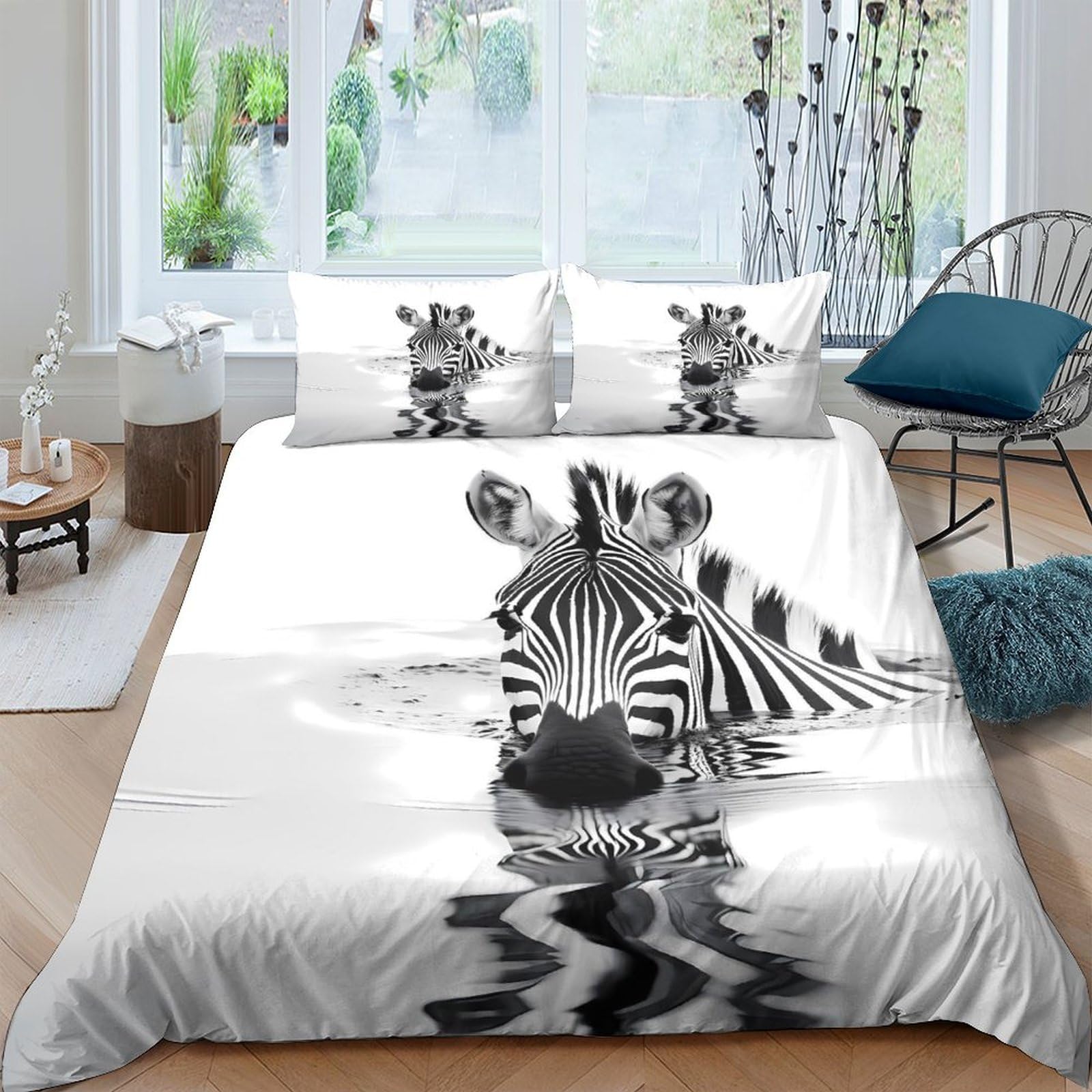 Ctjqhvkz Style-10 3D Printed Zebra Reflection Fitted Sheet Microfiber Soft Black White Animal Mattress Cover For Bedroom Dorm Décor Single（135X200cm）