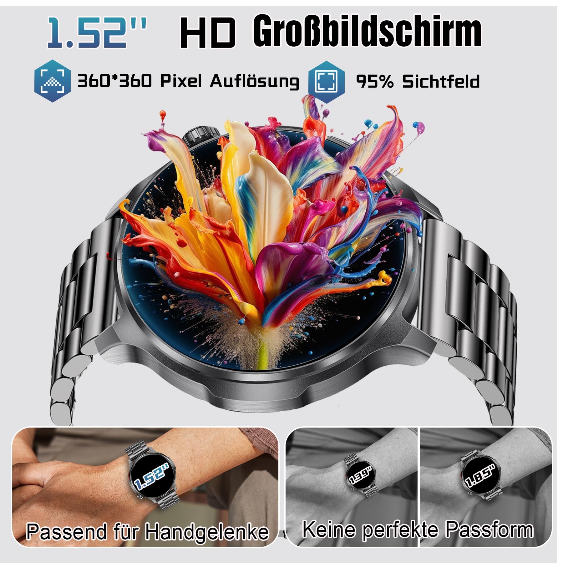 Smartwatch Herren, 1.52" HD 1000mmAh Militär Smart Watch mit Telefonfunktion, Fitnessuhr mit 100+ Sportmodi, Herzfrequenz Schrittzähler Schlafmonitor, IP68 Wasserdicht Sportuhr für Android iOS