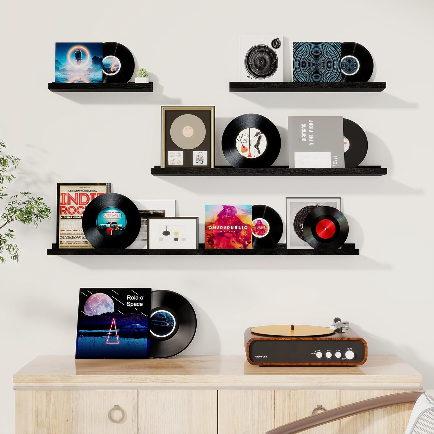 Fun Memories Picture Ledge Shelf, 16 Inch Long Floating Shelves Set of 6, Picture Shelf for Wall with Lip, Large Nursery Book Shelves for Storage, Wall Shelves for Living Room Bedroom Kitchen, Black