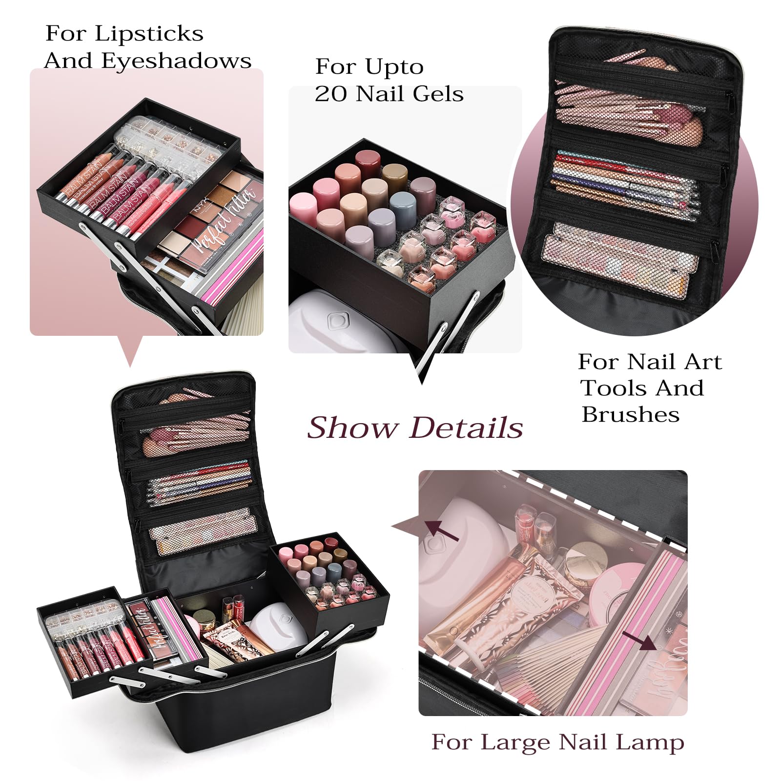 Joligrace Make-up-Tasche Kosmetiktasche Kosmetikkoffer Nagellack Organizer mit Schultergurt, Schwarz , Extra Large