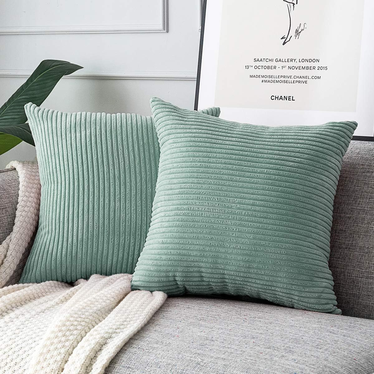 MUDILY Pack of 2, Fluffy Soft Velvet Corduroy Soft Decorative Square Throw Pillow Covers Set Cushion Cases Pillowcases for Sofa Bedroom Car, Grey Green 18 x 18 inch 45 x 45 cm