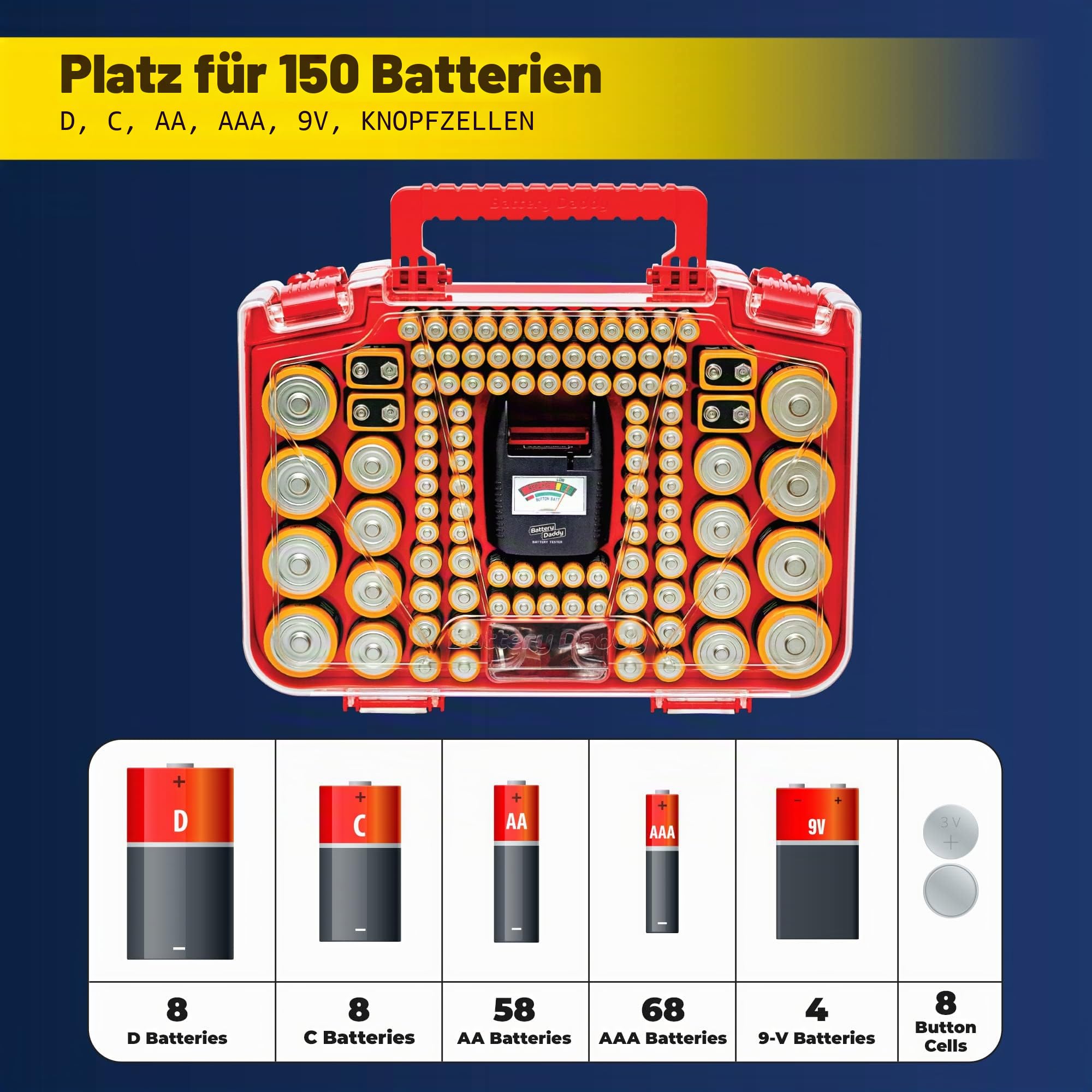 Battery Daddy Smart - Batterie-Organizer-Aufbewahrungskoffer mit Tester, speichert und schützt bis zu 150 Batterien, transparenter Verschlussdeckel, wie auf dem Fernseher gesehen