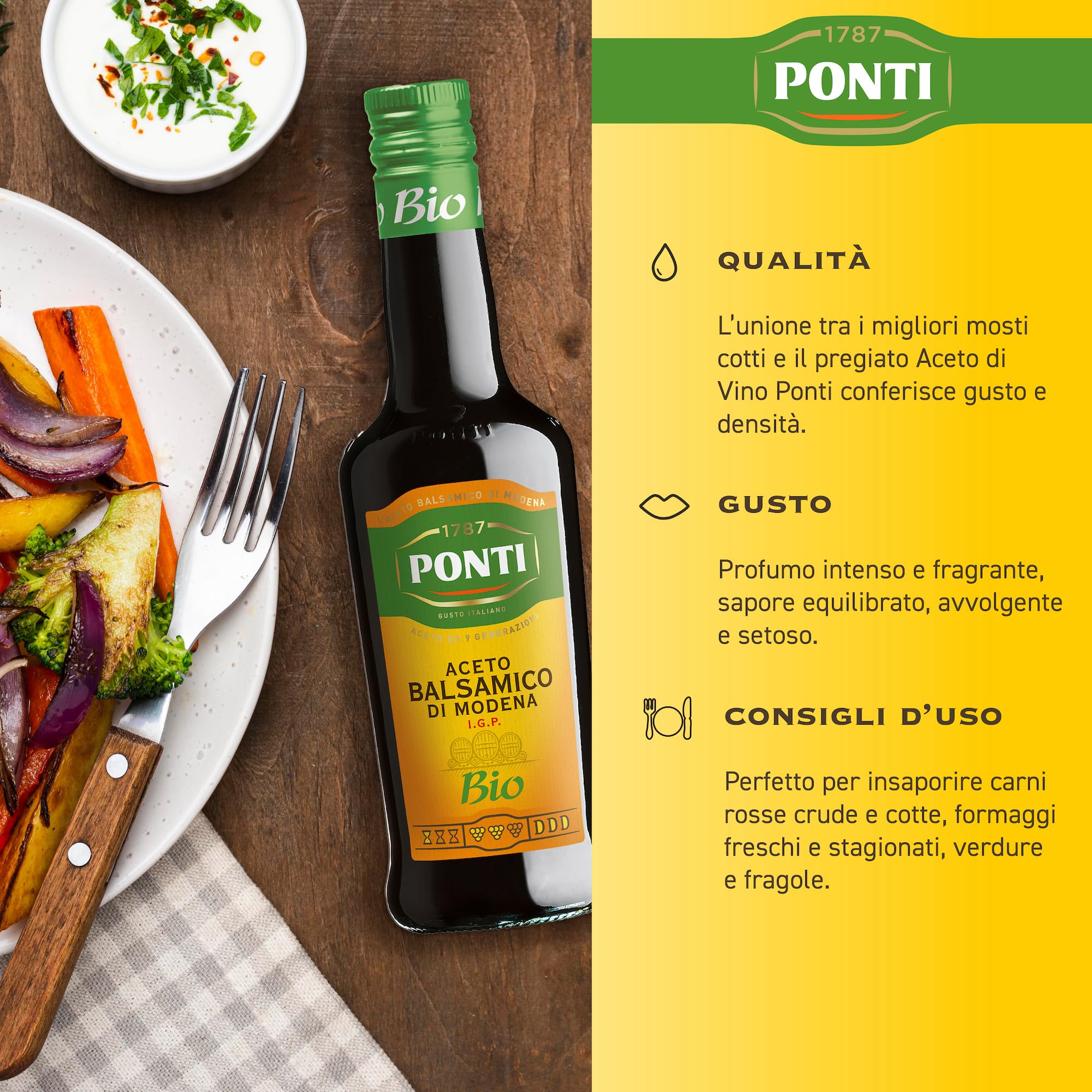 Ponti, Aceto Balsamico di Modena I.G.P. Bio, Aceto Biologico dal Profumo Intenso e Fragrante, Sapore Equilibrato, Ideale per Cani Rosse Curde e Cotte, 100% Made in Italy, Set 6 bottiglie da 500 ml
