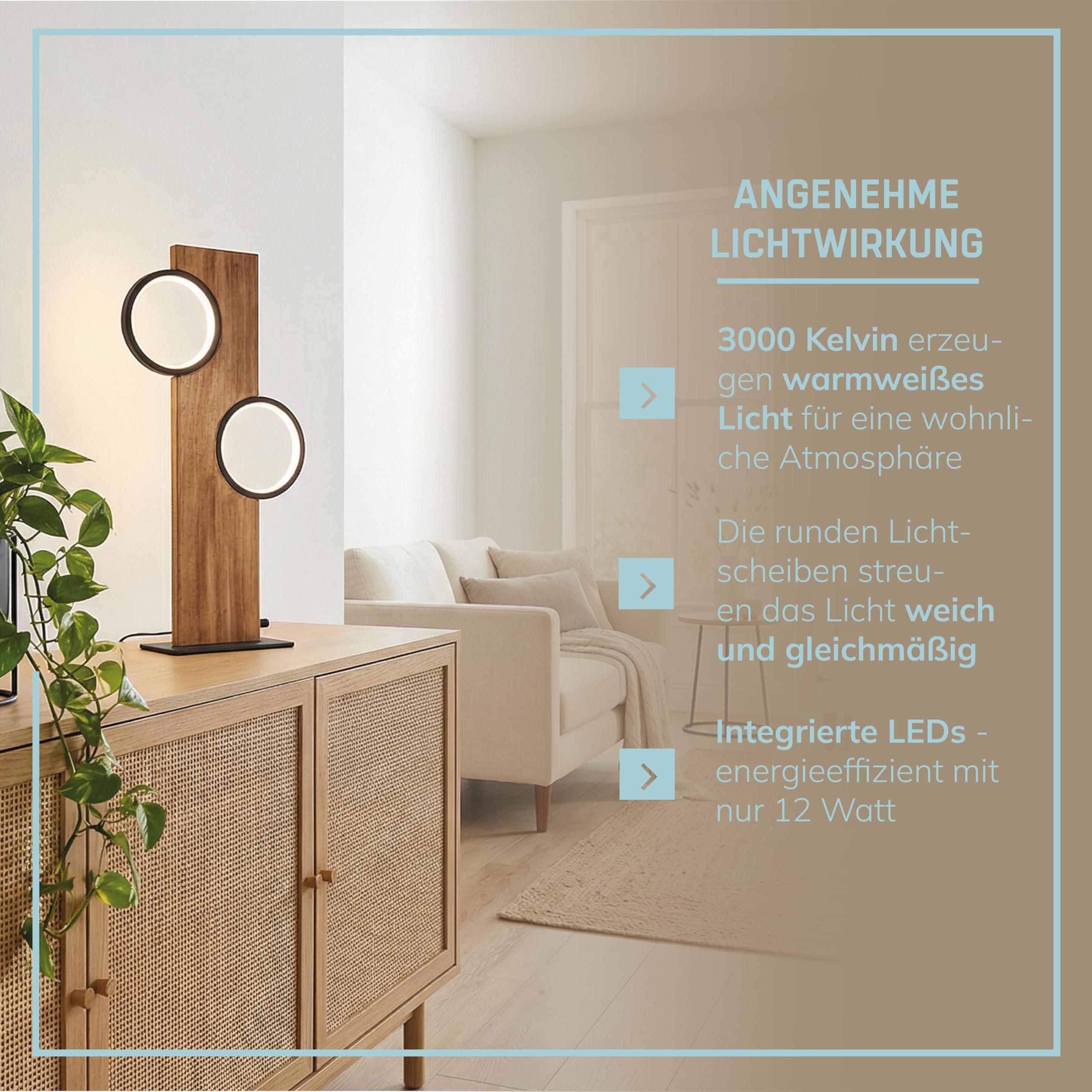 Lightbox LED Tischlampe Holz - Tischleuchte mit LED Kreisen - 50 x 25 x 12 cm - warmweißes Licht 3000 K - moderne Wohnzimmerlampe mit Kabelschalter inkl. LED