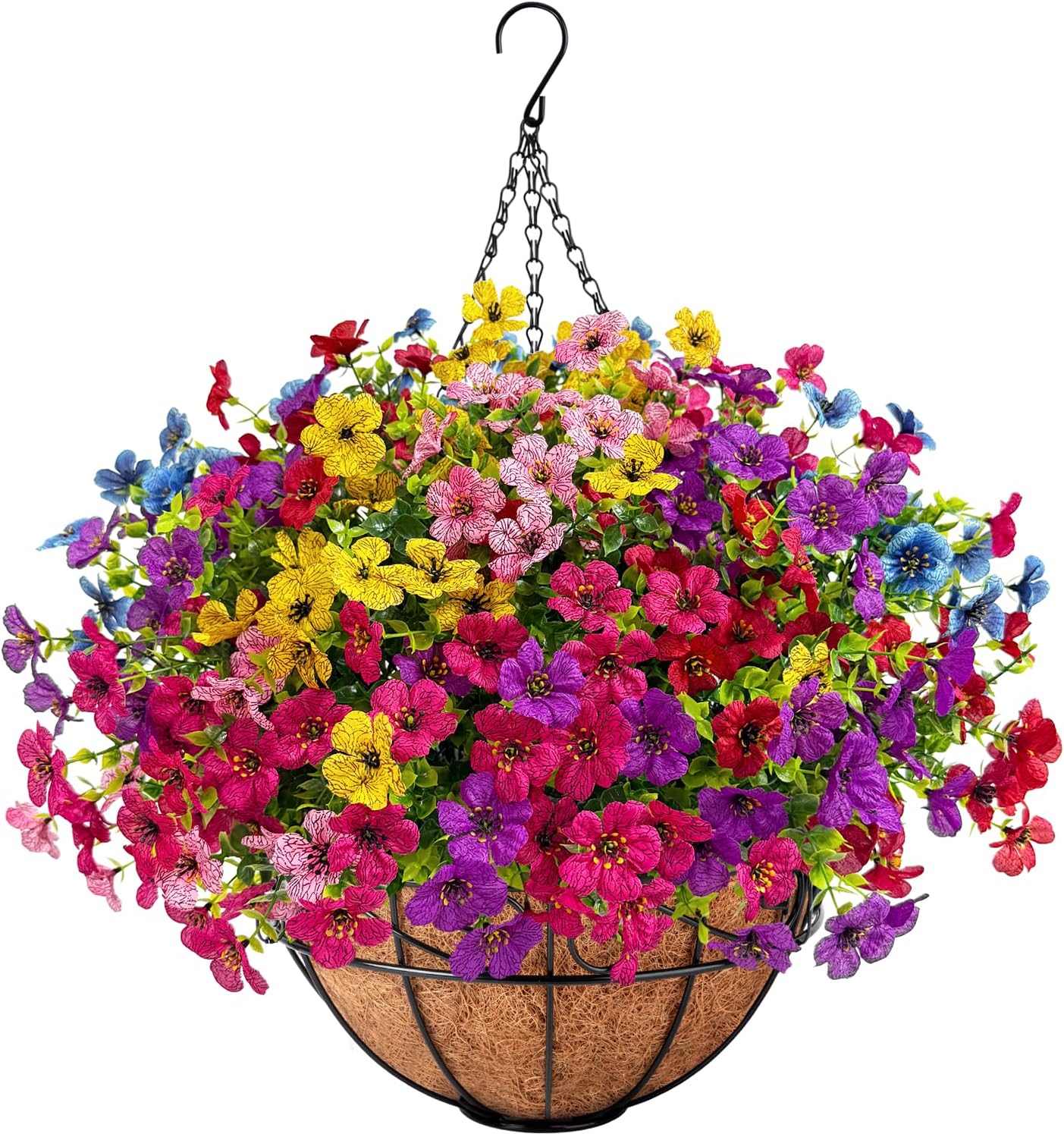 Ouddy Decor Artificial Hanging Flowers with Basket, Fake Hanging Plants with Faux Silk Flowers UV Resistant for Outdoors Indoors Spring Summer Porch Patio Balcony Yard Home Decorations, Multicolor