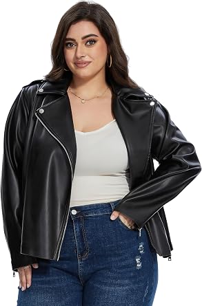 Fahsyee Womens Faux Leather Jackets, Zip Up Motorcycle Short PU Moto Biker Outwear Fitted Plus Size Coat