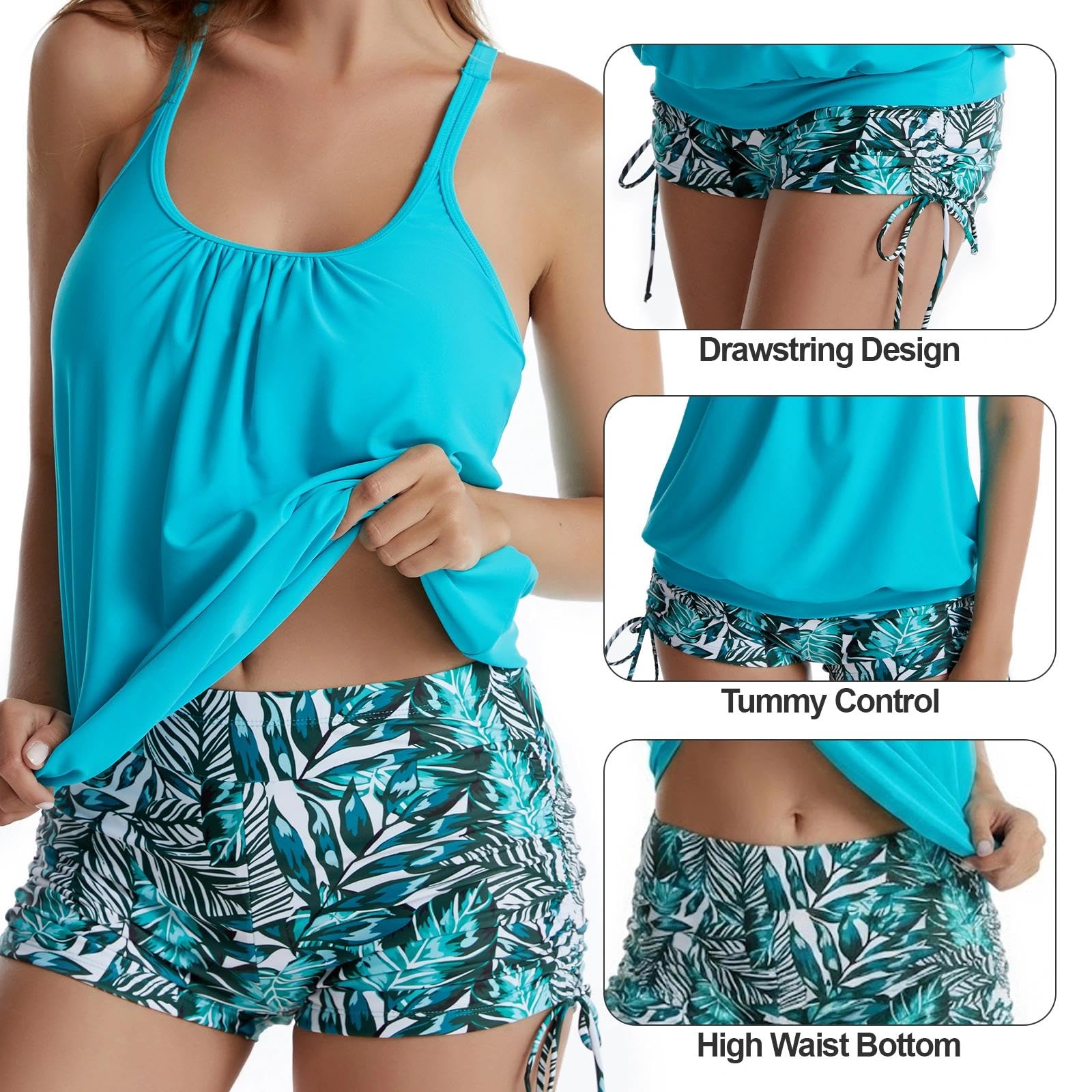 Bañador Mujer Tankini Push up Relleno Dos Piezas Bañadores Conjunto Reductor Barriga Cintura Alta Boxer Traje de Baño Ropa Playa Natacion Piscina Deportivo Impresión Tankinis Verano