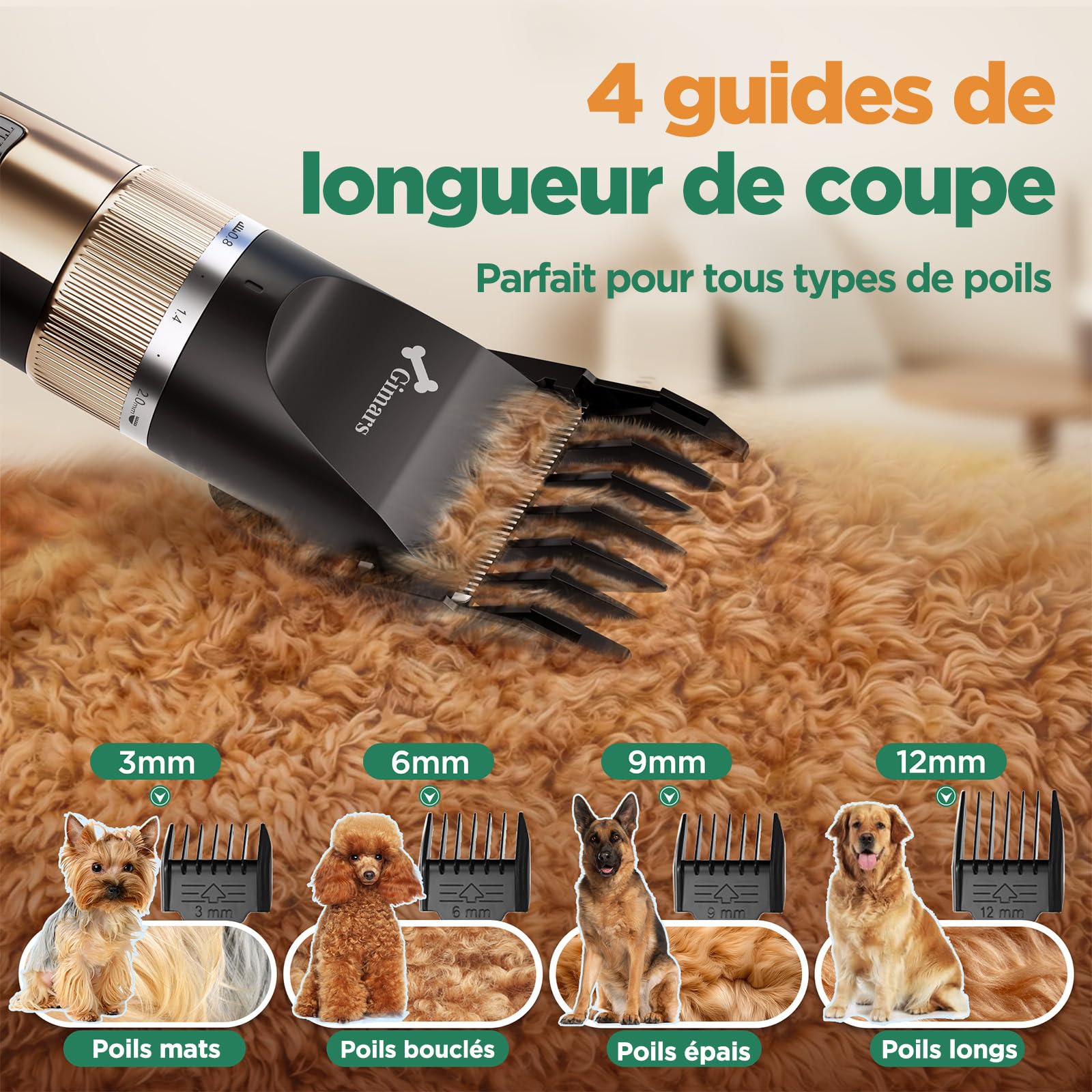 Gimars 3 en 1 Tondeuse Chien Professionnelle 4 Vitesses 7000 RPM, Tondeuse pour Chien Poil Long Epais Silencieuse, Animaux Rechargeable Sans Fil pour Chats et Chiens