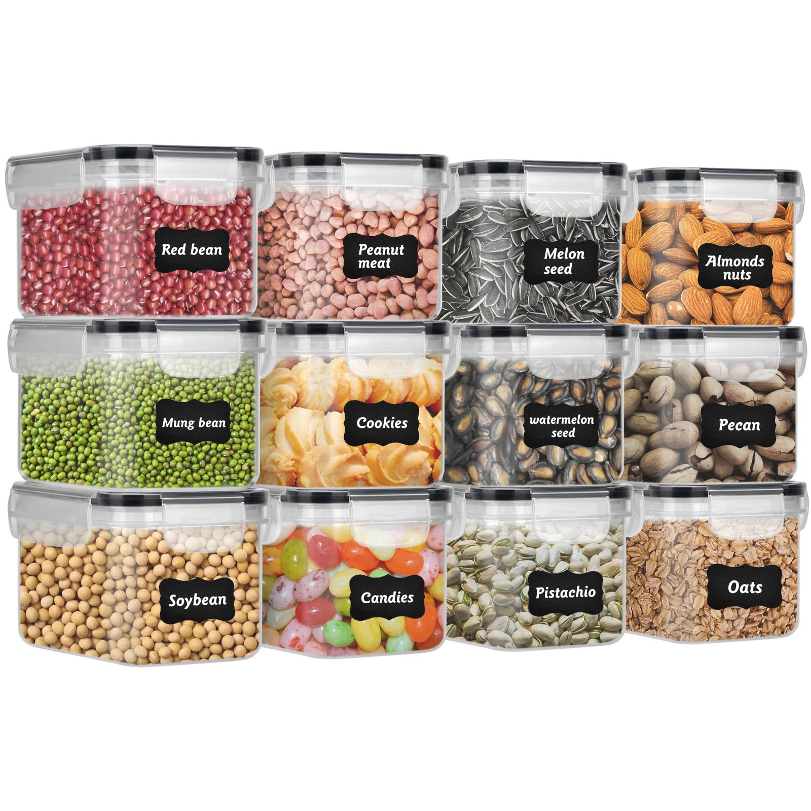 Lot de 12 Récipient Hermétique Alimentaire en PP sans BPA avec Couvercle Verrouillé Étanche, Boîte Rangement Cuisine Empilable Boîte de Conservation des Céréales avec 32 Étiquettes&Pen