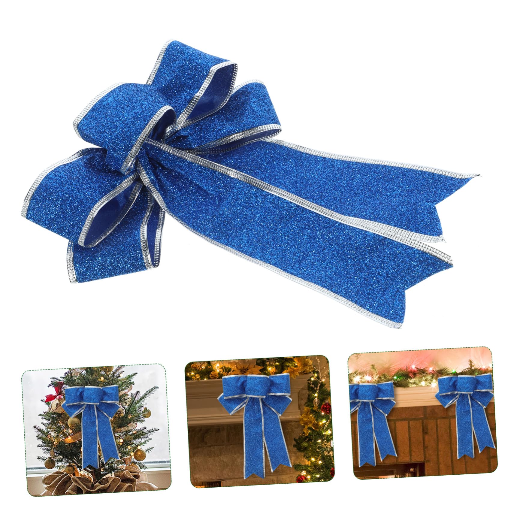 WOONEKY 5 Stück Glitzernde Weihnachtsdekorationsschleifen Große Stoffschleifen in Blau Fertige Geschenkbandknoten für Weihnachtsbaum Tür Wand und Tischdeko Festliche