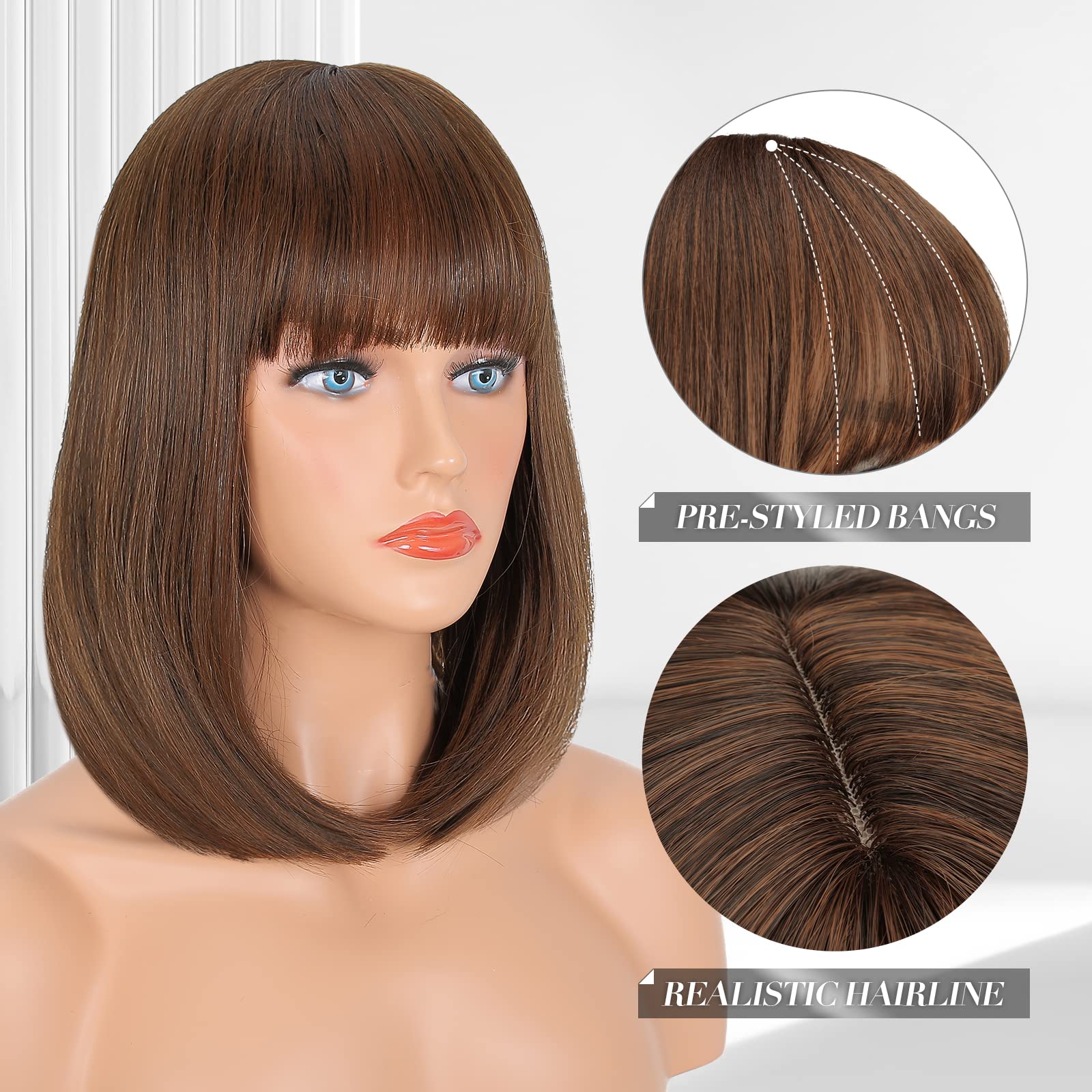 Donna parrucca sintetica marrone dritto medio Highlighted/Balayage naturale attaccatura dei capelli Bob Haircut Carnevale parrucca capelli parrucche Halloween parrucca