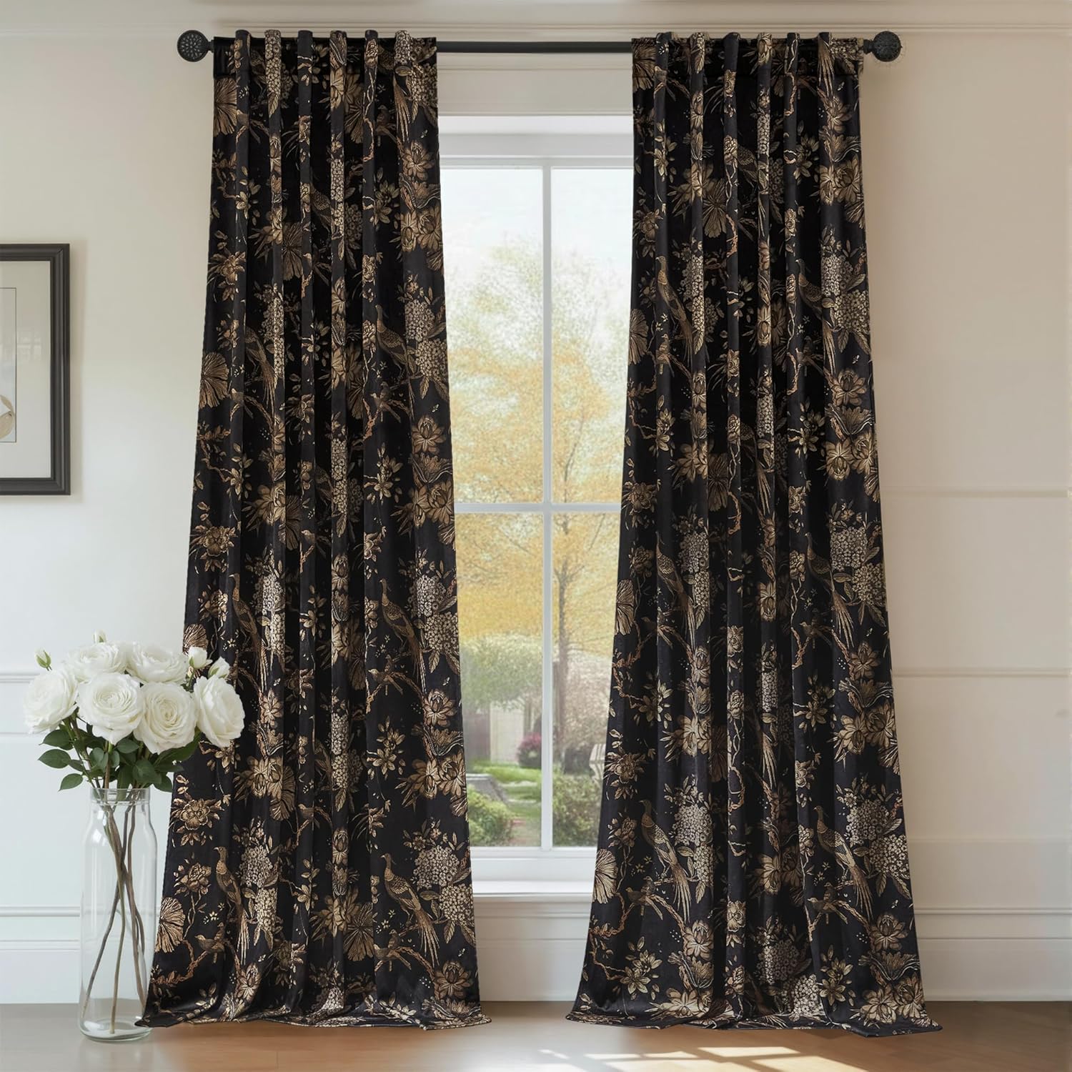 RYB HOME Floral Velvet Curtains 90 inches Long, Printed Flowers Dark Geen Vintage Design Home Decoration Thermal Insulated Room Darkening Drapes for Bedroom Living Room, W50 x L90 inches, 2 Panels