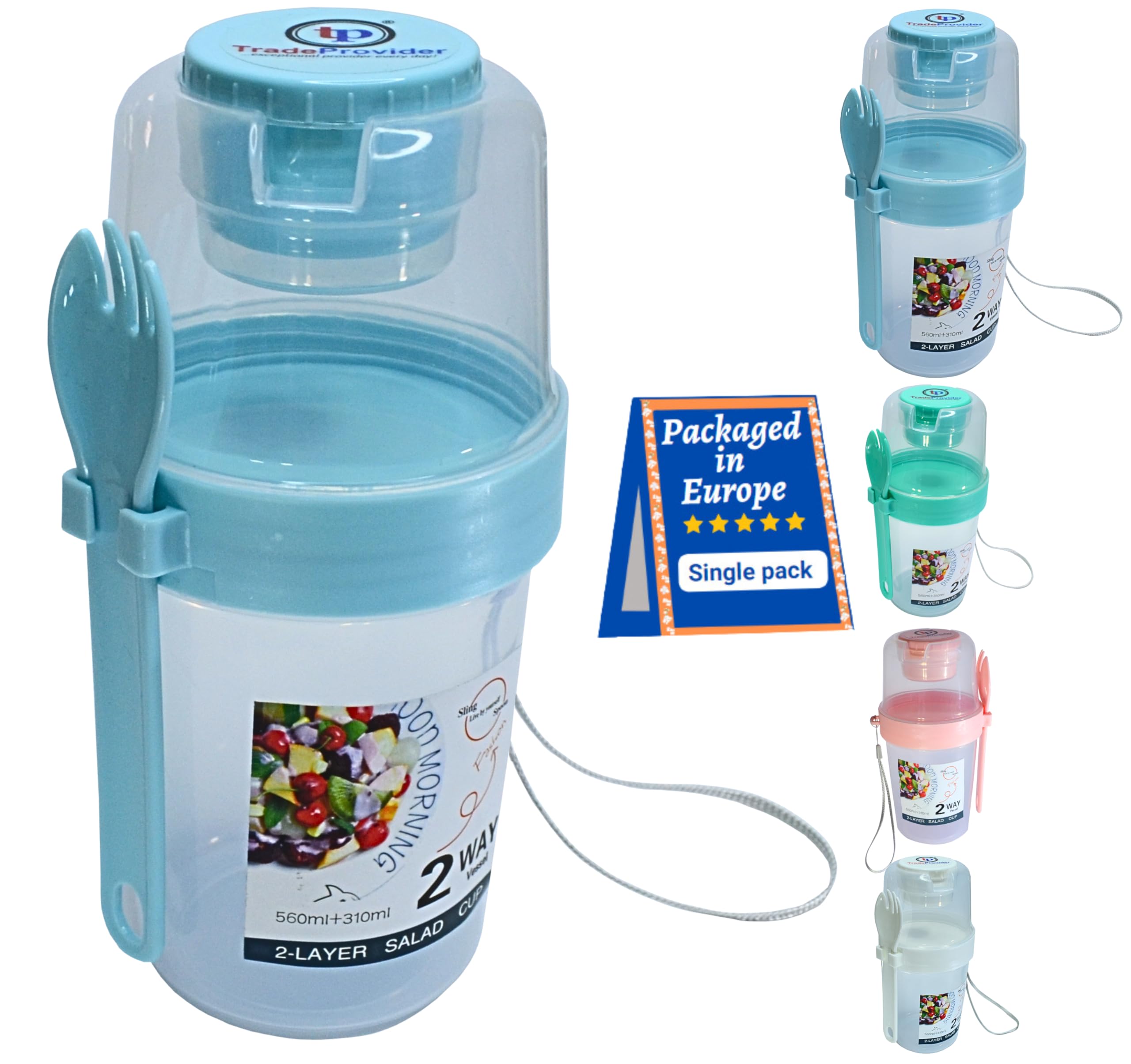 Reusable Yogurt Cups with Lid, BPA Free, 19Oz/560ml +310ml Overnight Oats Jar Clear 3 in 1 Breakfast Container, Cereal and Milk Yogurt Pot Juice Salad Food Storage Bowl by TradeProvider® (Blue Pot)