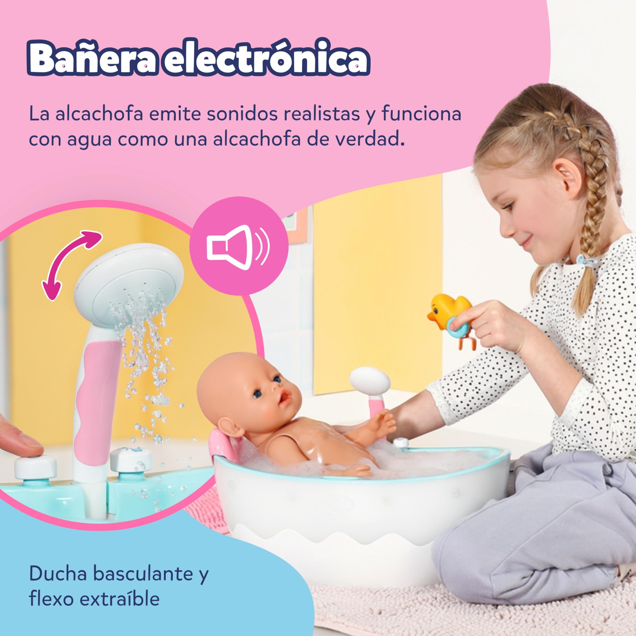 Bañera BABY born con Cambio de Color - función de Ducha y Sonido - Accesorios muñecas de 36 y 43 cm - Funciona también con Agua Real