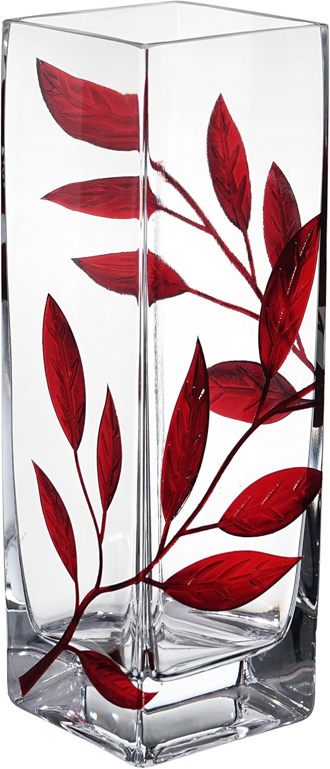 Luxury Hand Blown Glass Vase with Ruby Leaves - Etched & Painted Ruby Leaves - Square Vase Red - 9.8 in (25 cm)