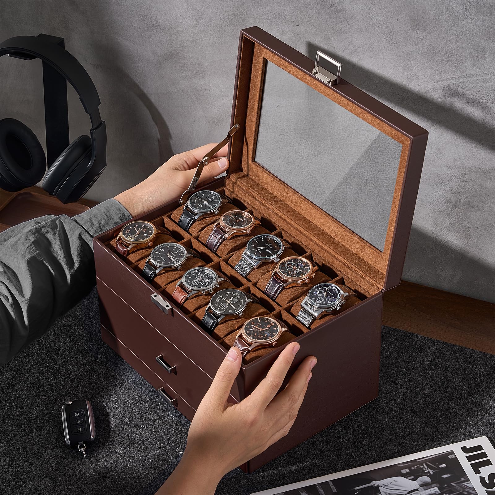 ProCase Boite a Montre Homme à 20 Emplacements, Coffret Montre en PU Cuir à 3 Niveaux, Range avec Tiroir -Marron