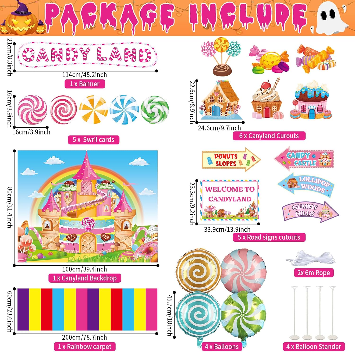 41 Pcs Halloween Trunk or Treat Car Decorations Candy World Trunk or Treat Car Outdoor Decorations with Candy Balloon Sweet Backdrop Lollipop Cutout for Car Archway Garage Door House Party Decor