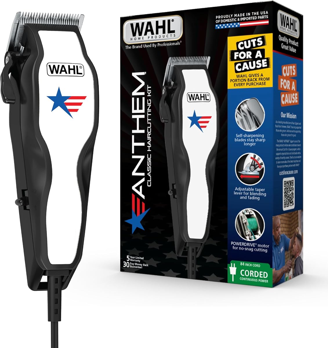 Cortadora de cabello casera con cable USA Anthem Classic para hombres con palanca de desvanecimiento | Para cortes de cabello completos y cortes de cabello descoloridos combinados con la palanca cónica ajustable, motor potente y cuchillas que no se enganchan: modelo 3029140
