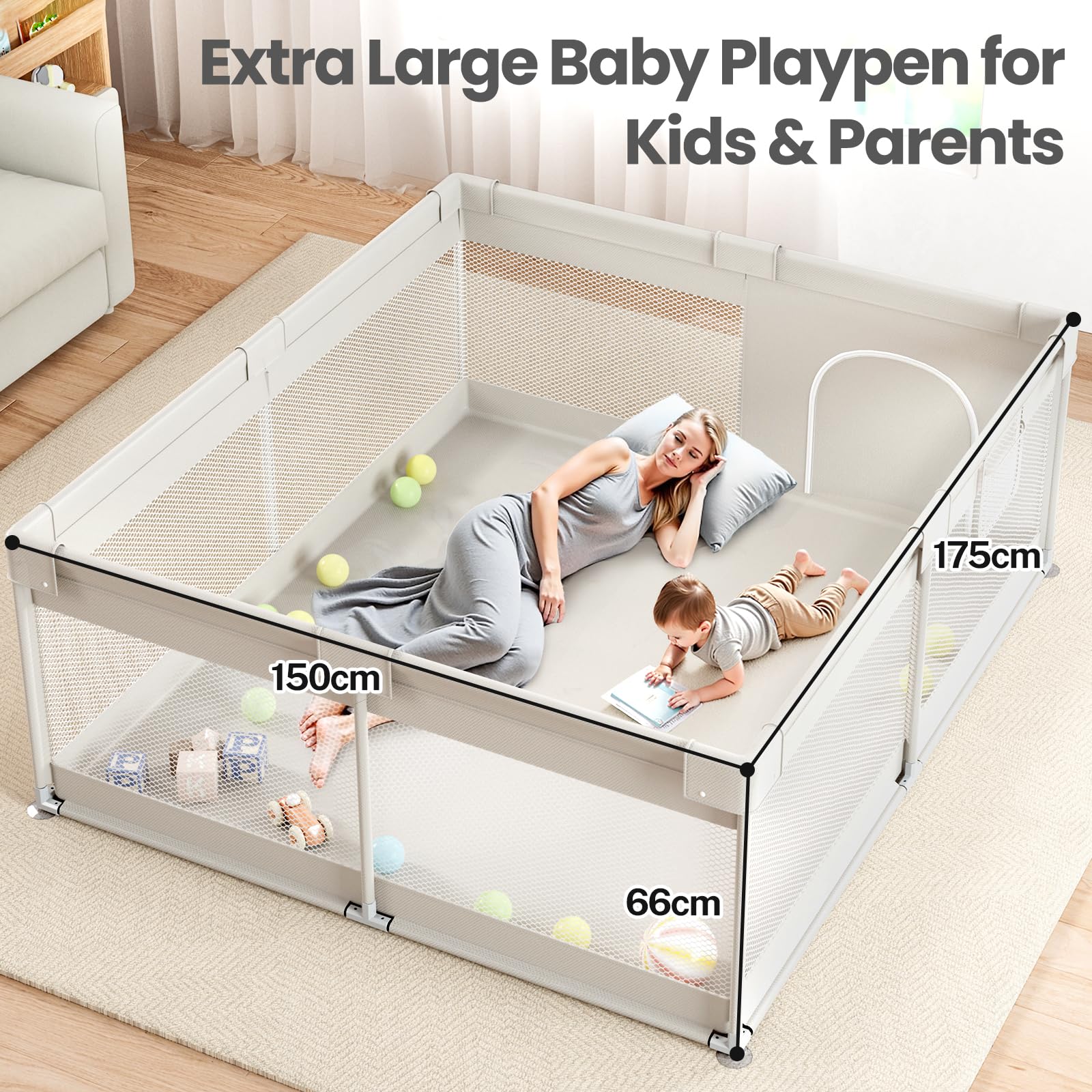 Großes Laufstall Baby 175x150x66cm - Sicherer XXL Laufgitter Baby mit Atmungsaktivem Netz, Einfacher Aufbau, Kinderlaufstall Rutschfest & Stabil für Wohnzimmer und Garten