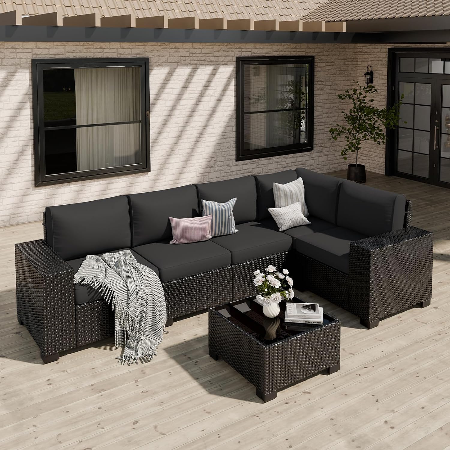 Patio Furniture Set, Wide Armrest Outdoor Furniture Set with Thick Cushions, 6 Piece Wicker Rattan Patio Sectional Sofa for Backyard, Poolside, Garden