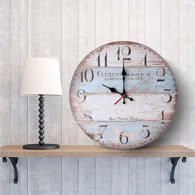 BlueDirects Wall Clock, 12 Inch Silent Non-Ticking Wall Clocks Battery Operated - Round Wooden Distressed Kitchen Clocks Shabby Chic Decorative for Living Room Kitchen Home Bedroom, Blue