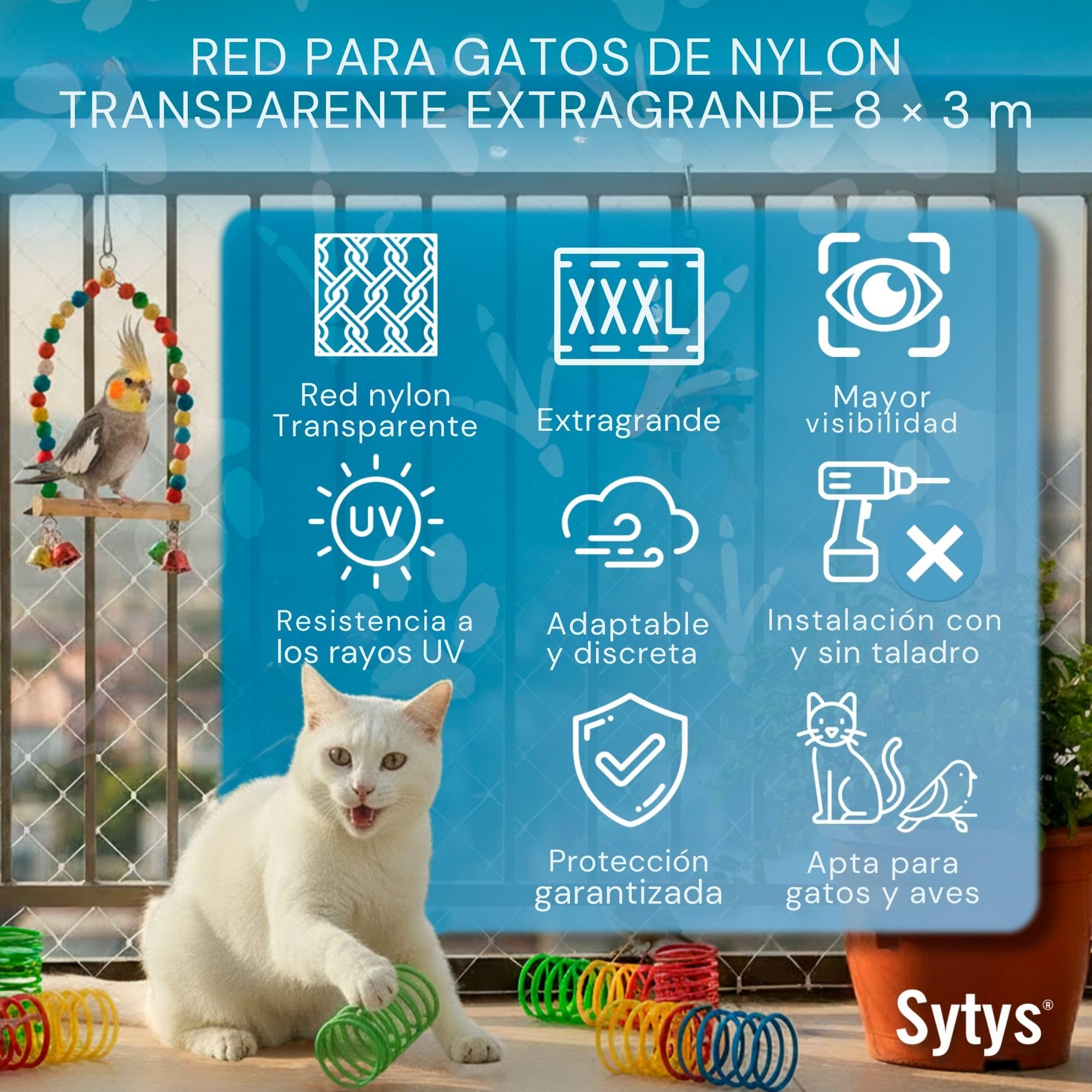 RED para GATOS Terraza SIN TALADRO + 4 Juguetes de REGALO (8x3m) TRANSPARENTE Red para Gatos Ventanas Red para Gatos Terraza Red Gatos Balcon Kit Instalación Completo Incluido | Malla Gatos Terraza