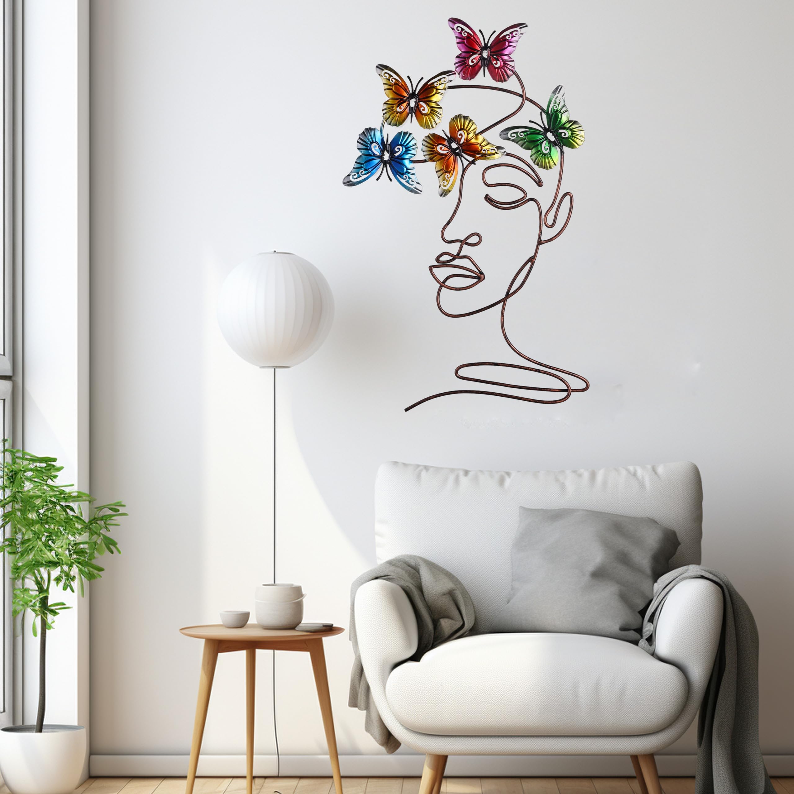 Ratuor Metal Wall Art for Bedroom Minimalist Wall Decor Abstract Line Women Thinking with Butterflies Decor Hanging for Bedroom Kitchen Bathroom Living Room