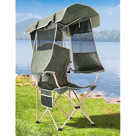 Docusvect Folding Camping Chair with Shade Canopy for Adults, Canopy Chair for Outdoors Sports with Cup Holder, Side Pocket for Camp, Beach, Tailgates, Fishing - Support 330 LBS