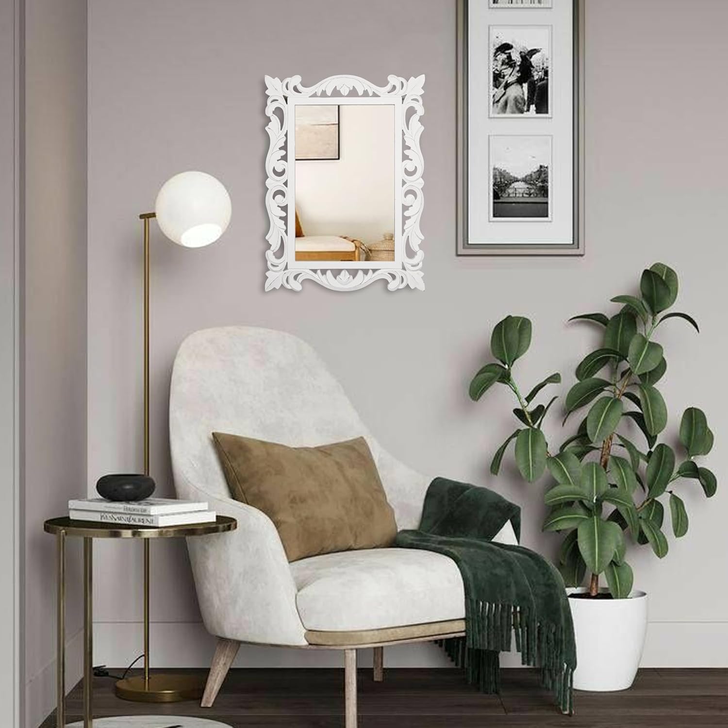 White Antique Carved Wall Mirror, MDF Wood Frame with Ornate Design - Decorative Accent for Living Room, Bedroom, and Hallway - 18x24 Inch