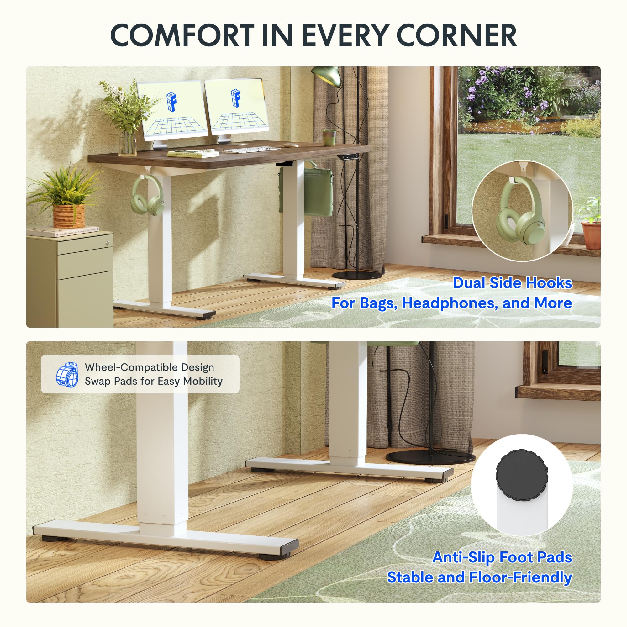 FLEXISPOT Escritorio Elevable Eléctrico con Tablero Acabado de Roble Hecho en UE,140×80cm,Altura Ajustable 71-120cm,Capacidad 80 kg,para Oficina,Trabajo Remoto,Hogar y Empresa,Roble Café + Negro