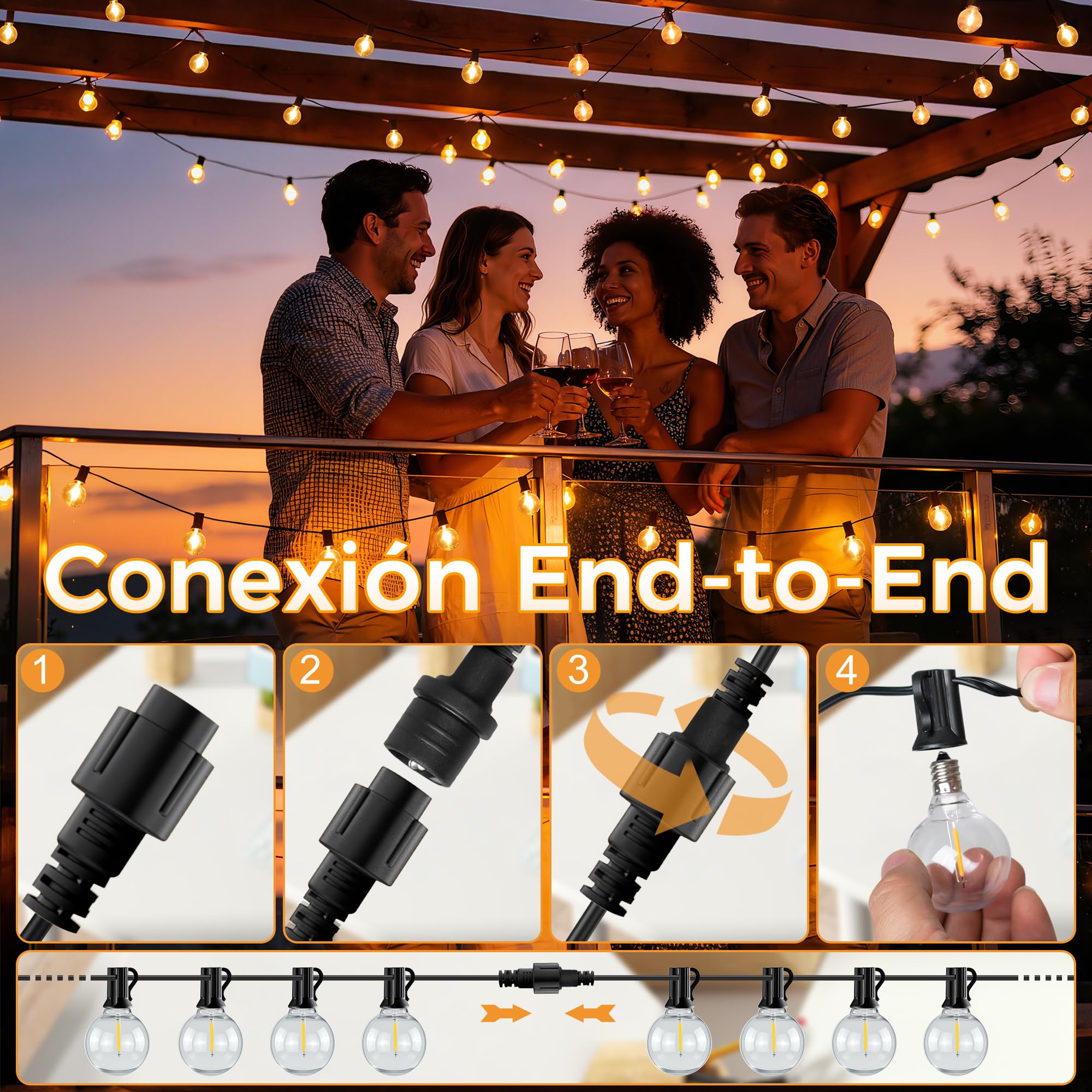 HeiPard Guirnalda Luces Exterior, 15M con 25+2 Bombillas, Luces Exterior Jardin Enchufables, Blanco Cálido 2200 K, Cadena de Luces IP45 Impermeable para Jardín, Terraza, Navidad, Fiesta