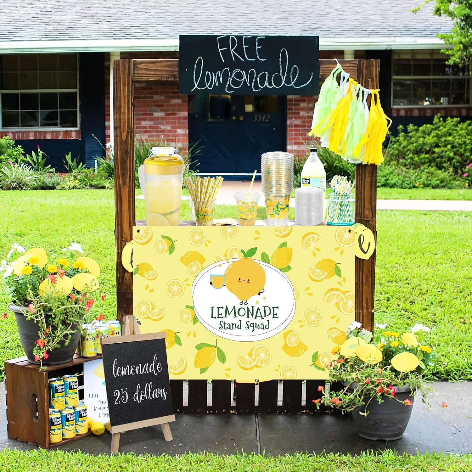 CIEOVO Lemonade Stand Supplies Set, 50 Pcs Lemonade Party Cups with Lids and Paper Straws Tablecloth Banner Pitcher and Wooden Blackboard for Summer Lemon Party Stand Decorations