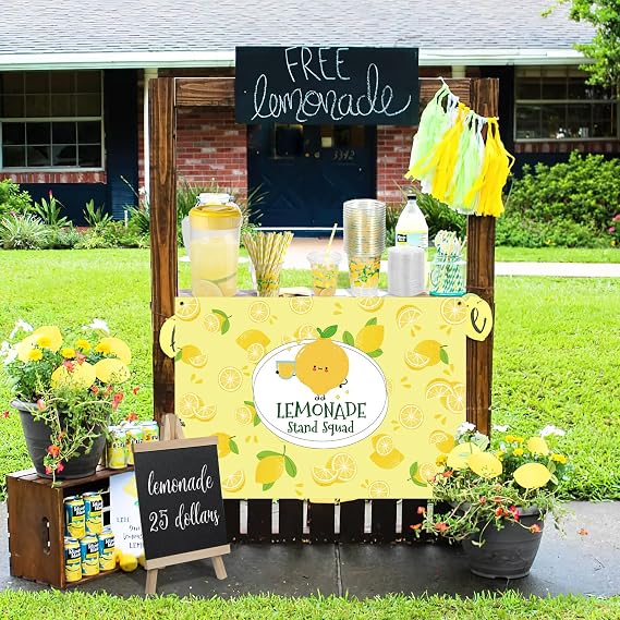 CIEOVO Lemonade Stand Supplies Set, 50 Pcs Lemonade Party Cups with Lids and Paper Straws Tablecloth Banner Pitcher and Wooden Blackboard for Summer Lemon Party Stand Decorations