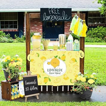 CIEOVO Lemonade Stand Supplies Set, 50 Pcs Lemonade Party Cups with Lids and Paper Straws Tablecloth Banner Pitcher and Wooden Blackboard for Summer Lemon Party Stand Decorations