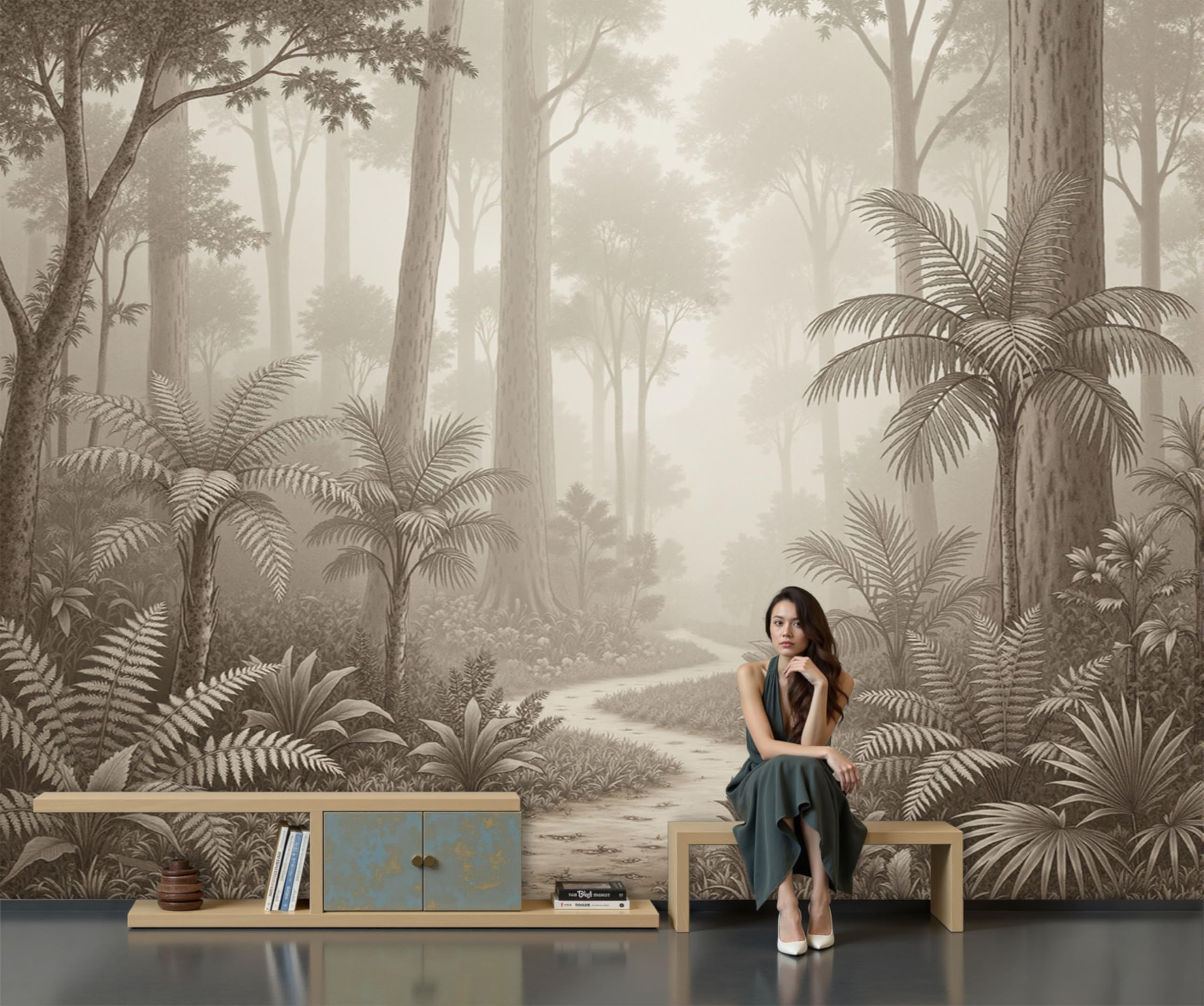 Papier peint mural paysage de plantes brumeuses brun décor panoramique luxe