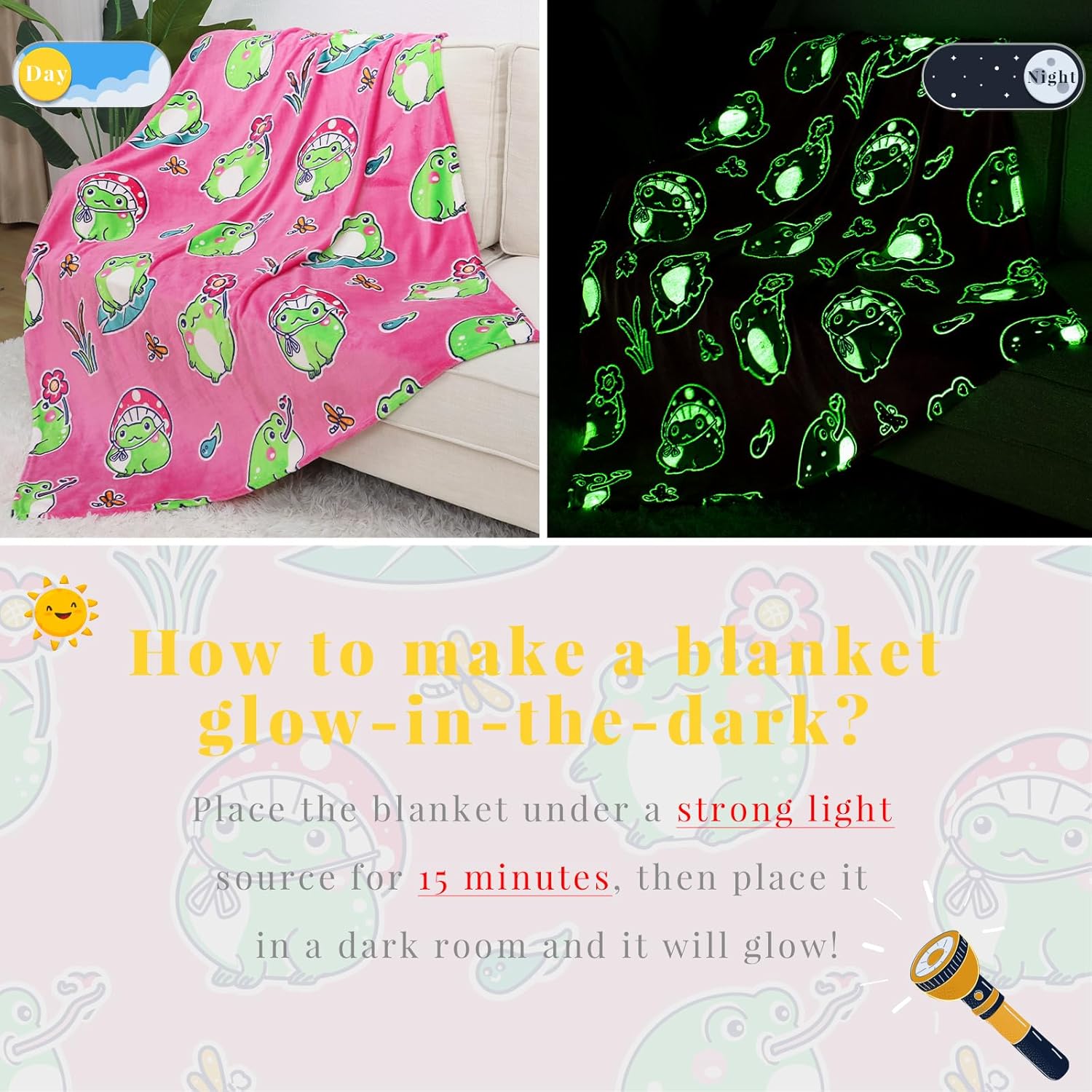 Glow in The Dark Frog Blanket for Girls, Frog Gifts for Women Girls, Soft Cozy Pink Throw for Kids, Cute Frogs Stuff Bedroom Decor, Birthday Gifts for Teen Girls Age 3-13, 50" x 60" - Image 4