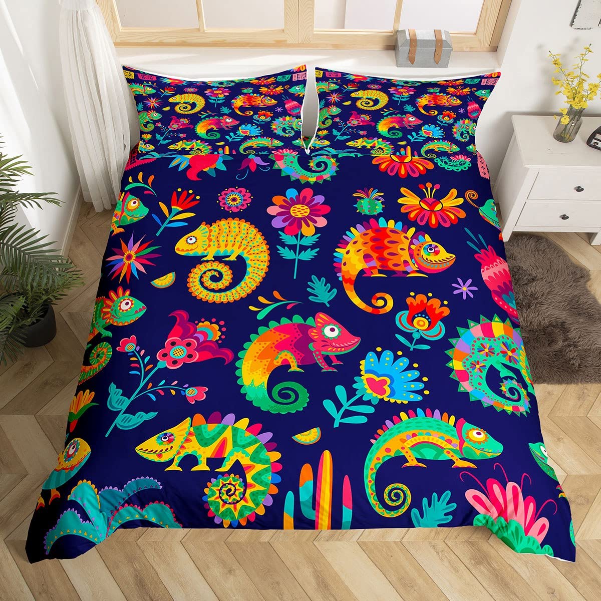 Homewish Exotic Chameleon Duvet Cover Colorful Lizard Bedding Set For Boys Girls Wildlife Reptile Creature Comforter Cover Hippie Boho Floral Bed Set Double,Wild Safari Theme Kawaii Room Decor