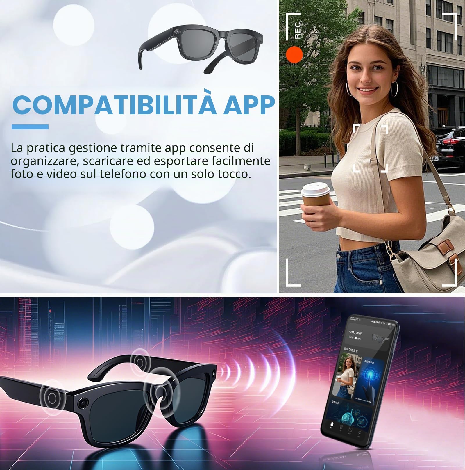 Occhiali intelligenti AI con ChatGPT e fotocamera da 8 MP | Registrazione video HD, occhiali da sole con traduzione in tempo reale, controllo musicale e vocale, stabilizzazione EIS | Occhiali