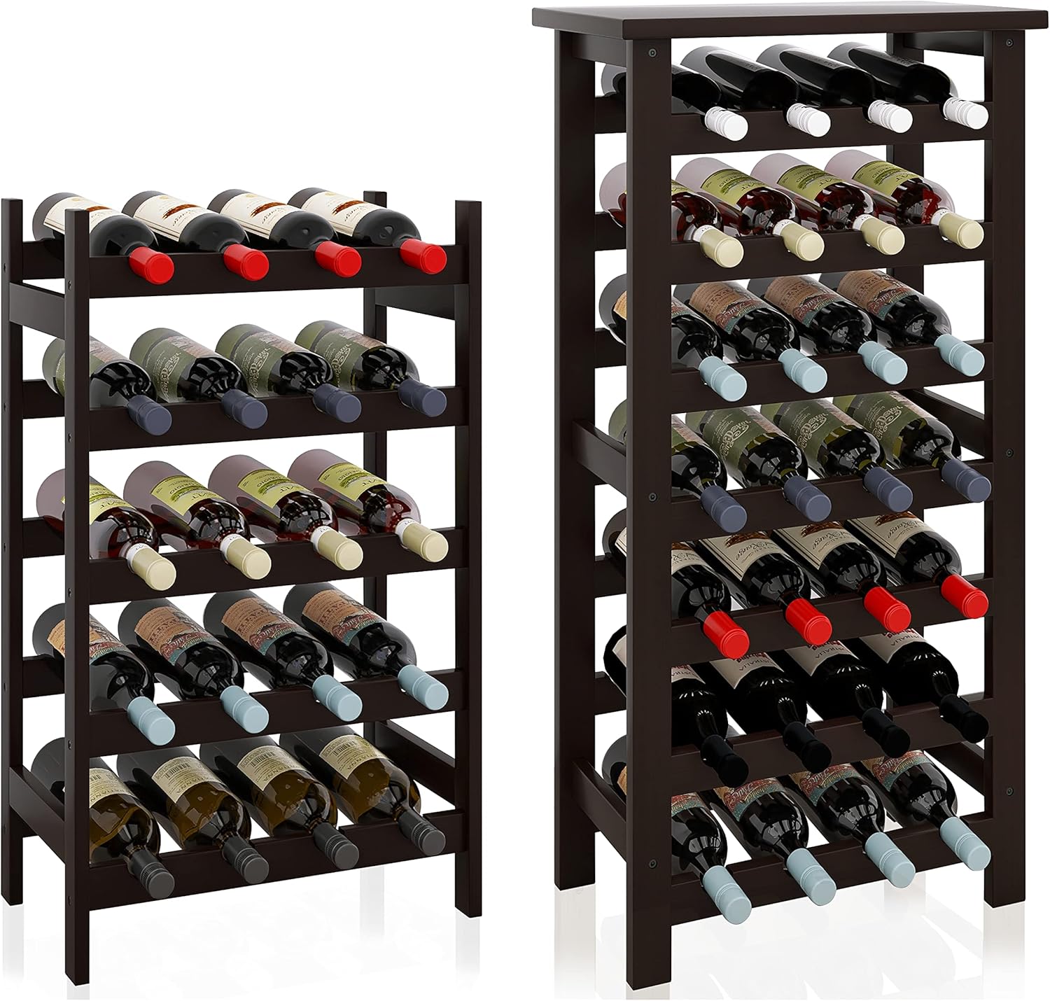 SMIBUY 28 Bottles 7-Tier Bamboo Wine Rack with Table Top and 5-Tier 20 Bottles Free Standing Display Holder Shelves for Kitchen, Pantry, Cellar, Bar (Dark Brown)