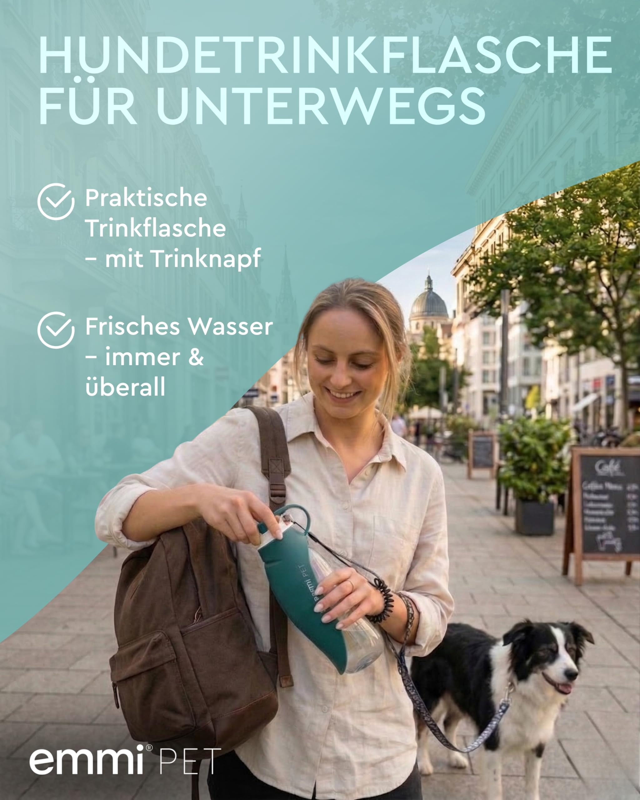 emmi-PET Hundetrinkflasche in Dunkelgrün I 580 ml I Auslaufsichere Trinkflasche mit integriertem Napf I Ideal für Spaziergänge, Reisen & Outdoor I Frisches Wasser to go für kleine & große Hunde