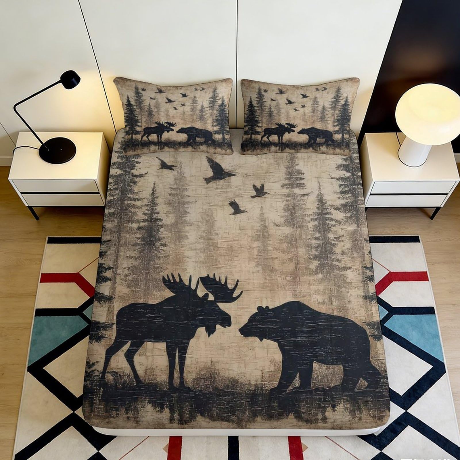 3D Printed Forest Moose Microfiber Fitted Sheet with Bear Silhouette Bed Cover for Bedroom Dormitory Guest Room Mattress Protection 140x200x25cm