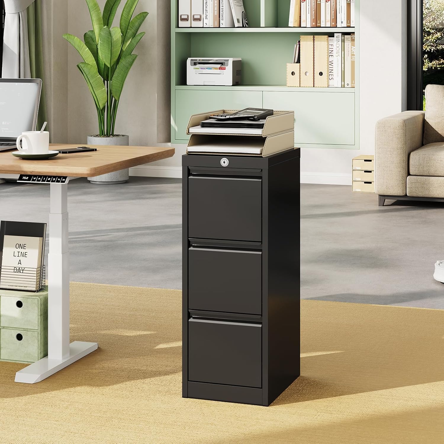 File Cabinet, 3-Drawer Metal File Cabinet with Lock, Narrow Filing Cabinet with Legal/A4 Folders for Home, Office, Assembly Required, Black