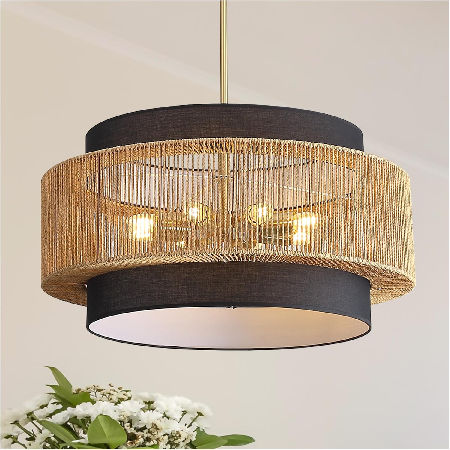 8-Light Rattan Chandelier 28-inch Bohemian Chandelier, Adjustable Height Hanging,with Fabric Lampshade, Modern Chandeliers for Dining Room, Living Room, Kitchen Island, Foyer, Hallway