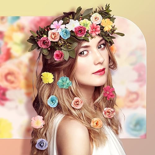 Miniatura 6 de Hanaive 80 cabezas de flores sintéticas, mini cabezas de flores artificiales, peonía falsa, margarita, rosa, ciruelo, margarita de seda multicolor,