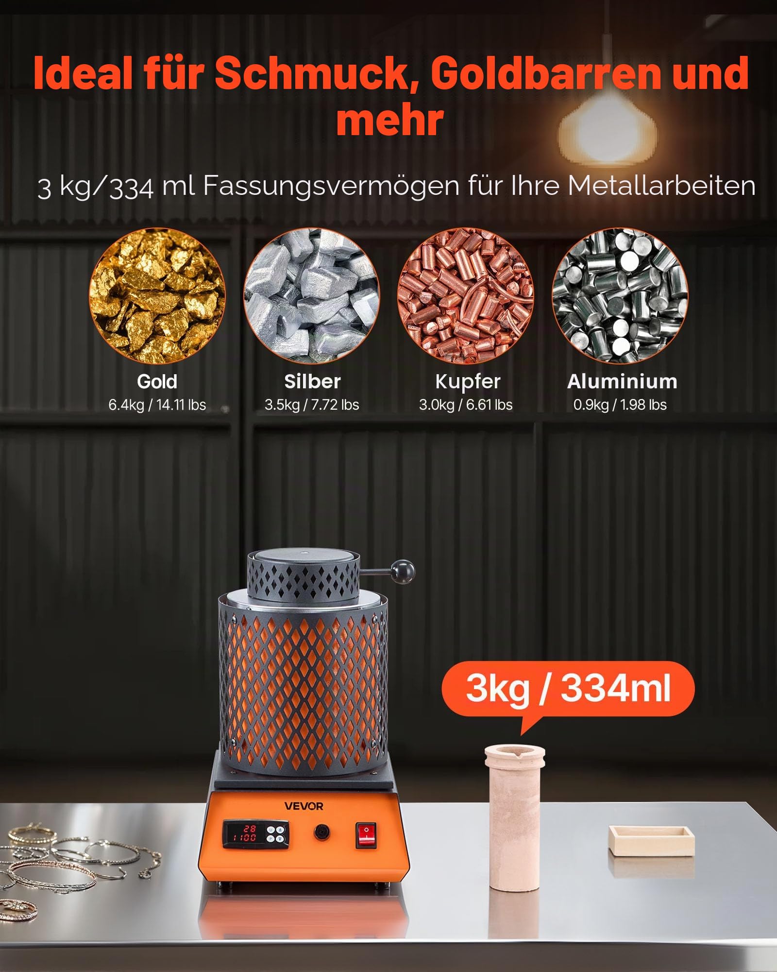 VEVOR digitaler Goldschmelzofen Maschine mit 3 kg Keramiktiegel, elektrischer Schmelzofen 1350 W max. 1150 ℃, Metallschmelzofen Set für Schmuckherstellung Metallbarren Metallkomponenten Schwarz