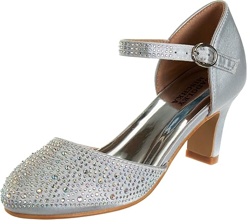 Badgley Mischka Zapatos de vestir para niñas – Zapatos de tacón alto para niños, sandalias de satén con lazo para fiesta, bloque cerrado, con lazo